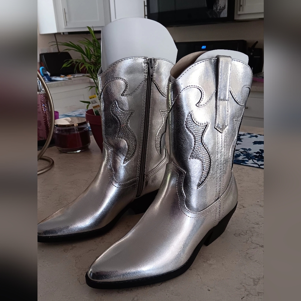 Silver Heeled Boots with Intricate Stitching